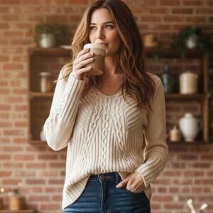 Anthropologie Far Away From Close Revelry Sweater Oatmeal Cable Knit Large